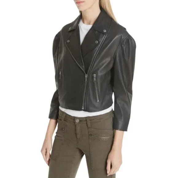 NWT Joie Black Leather Moto Jacket Lambskin Cropped Puff 3/4 Sleeve Biker Jacket - Picture 3 of 16